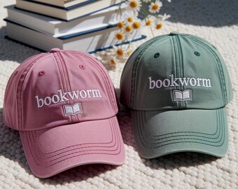 Embroidered Bookworm Two Tone Baseball Hat, Book Lover Hat  display picture 3