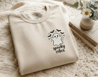 Spooky Vibes Embroidered Pocket Sweatshirt, Ghost and Bats TShirt, Halloween Shirt, Fall Pocket
