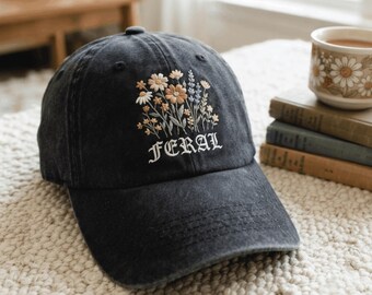 Embroidered Feral Floral Hat, Old English Gothic Hat, Embroidered Feral Embroidered Vintage Washed Hat: Funny Sarcastic Baseball Cap