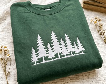 Embroidered Mountain Pine Tree Sweatshirt: Camp Outdoors Nature Shirt