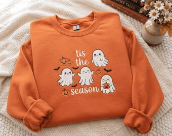 Tis The Season Ghost Embroidered Sweatshirt , Checkered Leopard Polka Dot Ghosts, Fall Shirt, Pumpkin Patch Ghosts shirt, Halloween shirt