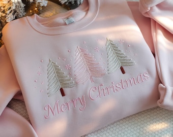 Embroidered Christmas Tree Sweatshirt, Merry Christmas Coquette Crewneck, Custom Xmas Gift