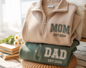 Embroidered Mom and Dad Quarter Zip Sweatshirt, Matching Set, Pregnancy Announcement