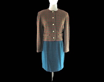 80s Vintage Teal Houndstooth Power Skirt Suit