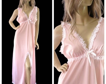 80s Pale Pink Lace Trim Ruffle Gown Nightgown Size Large