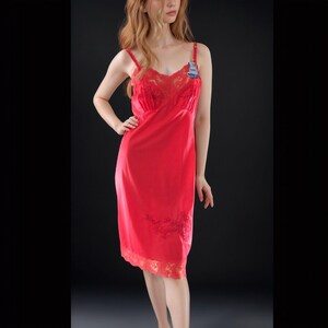 1960s Red Nylon Slip Dress Deadstock NWT Small | Lace Trim Pinup Retro Bombshell Femme Fatale Authentic Vintage Lingerie
