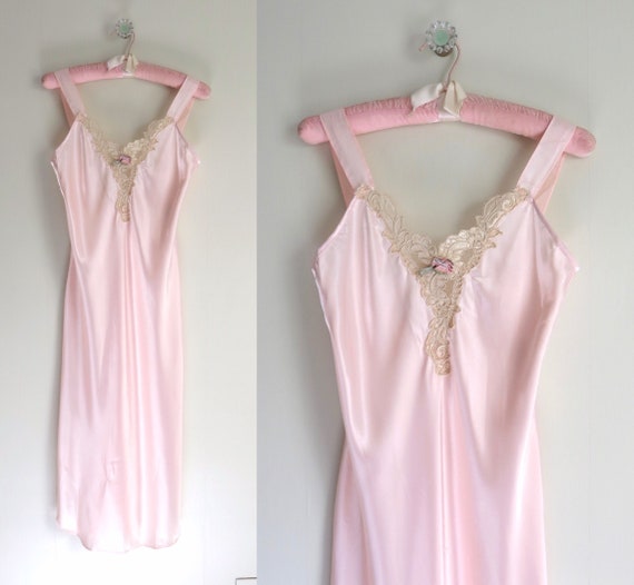 Vintage 80s Pink Satin Gown Nightgown S/M
