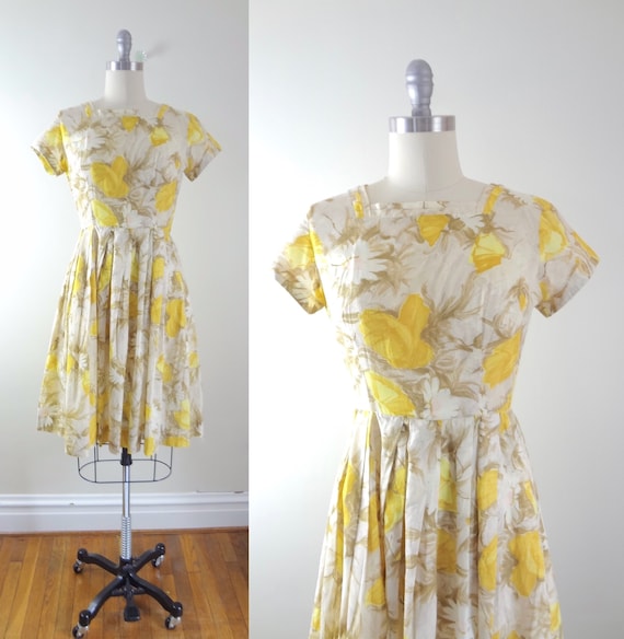 1950s Yellow Cotton Floral Poppies Dress