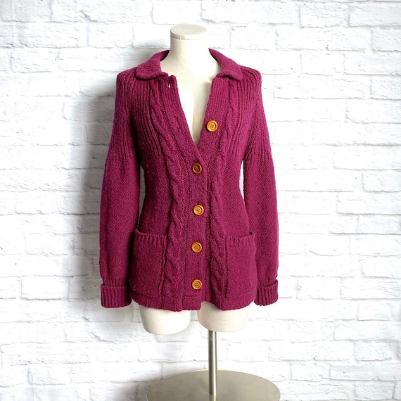Vintage 70s Burgundy Knit Cardigan S - Knit Wine C