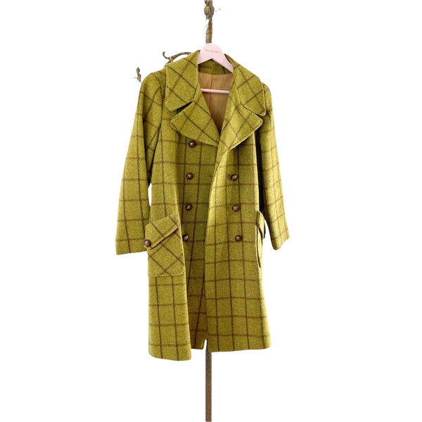 60s 70s Green Plaid Wool Pea Coat Size M