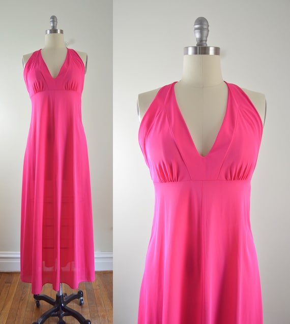 Pink Maxi Gown M | 1970s Pink Halter Maxi Gown Nig