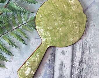 Vintage Heavy Jade Marbleized Hand Mirror, Beveled Glass, 1940s Vanity Decor