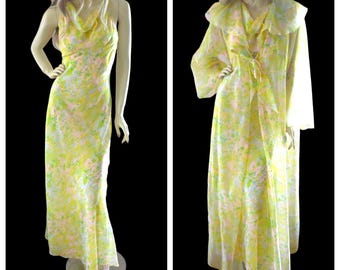 70s Floral Chiffon Gown Peignoir Set Matej Odette Barsa Luxury Gaze Noir Vintage