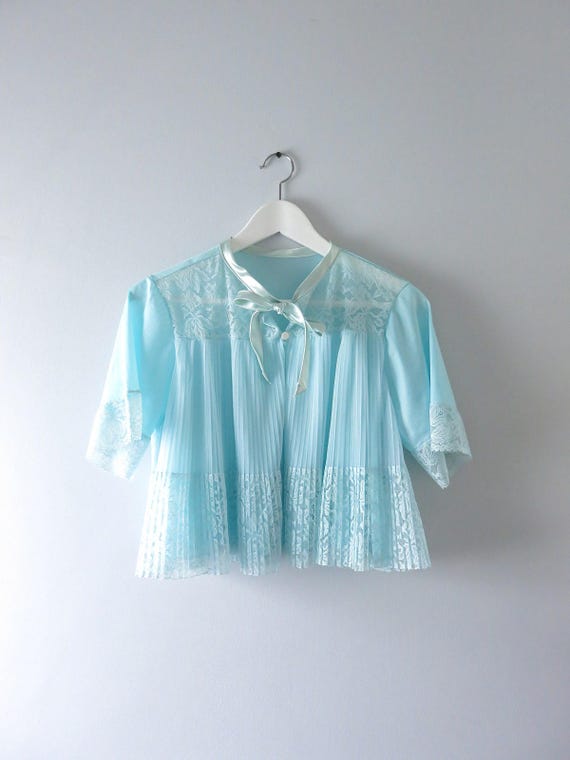Vintage Bed Jacket | 1950s Blue Tricot Nylon Pleat