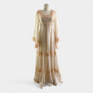 Vintage 70s Boho Wedding Dress Angel Sleeve Ivory Lace Maxi Gown Fairycore Bridal Ethereal Cottagecore Romantic Bride Small