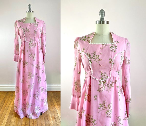 1970s Pink Floral Boho Maxi Dress M