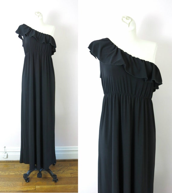 Vintage 70s Black One Shoulder Ruffle Dress