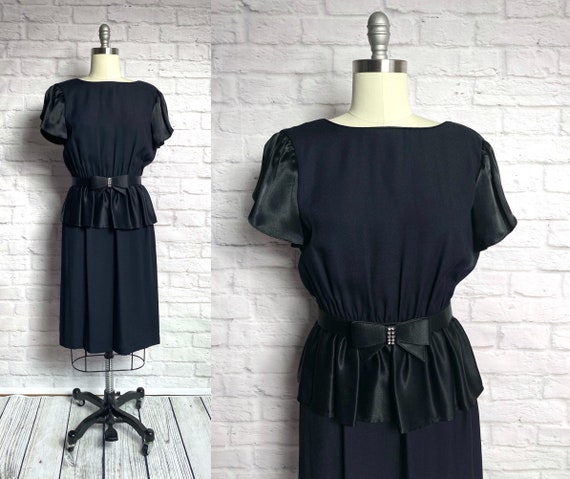 Vintage 80s Black Peplum Dress L Petite - Little B