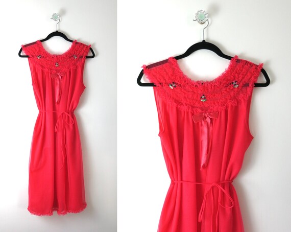 Vintage 60s Red Chiffon Nightie L | Chiffon Nightg