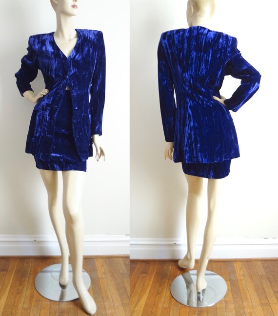 80s Crushed Purple Velvet Mini Skirt Suit XS