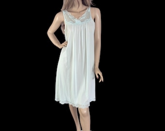 Vintage 60s Pale Blue Nylon Nightie Small Embroidered Empire Waist Slip Dress