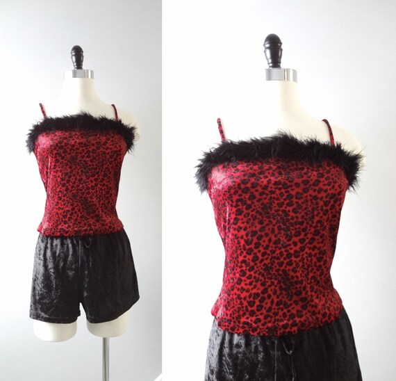 90s Red Leopard Print Velvet Cami Set