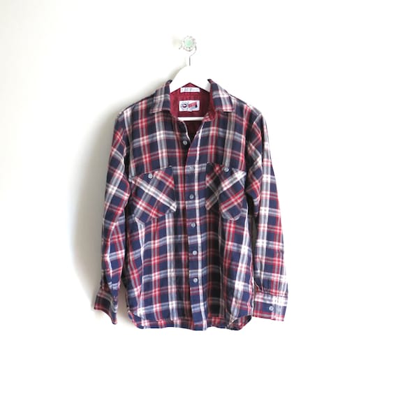 Vintage Flannel Shirt M | 1980s Red White Blue Pla