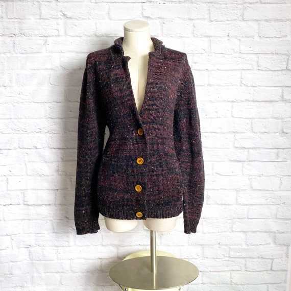 Vintage 70s Black & Burgundy Knit Cardigan L