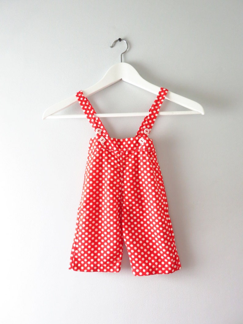 Vintage Baby Clothing 0 to 3 mos Deadstock 1960s Red White Polka Dot Overalls