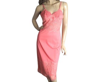 Vintage 1960s Flamingo Pink Lace Slip Dress Small Fairycore Coquette Lingerie