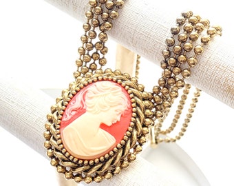 Vintage 80s Gold Beaded Cameo Choker Style Necklace