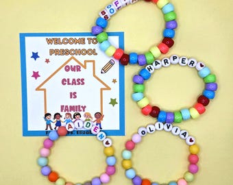 Our Class is a Family Bracelet First Day of Preschool Personalized Bead Name Letter Pony Bead Bracelet  Back to School Gift From Teacher