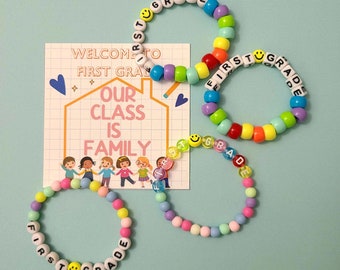 Our Class is a Family Bracelet,  First Day of School First Grade Bracelet, Back to School Kindergarten Bracelet, Pony Bead Bracelet Gifts
