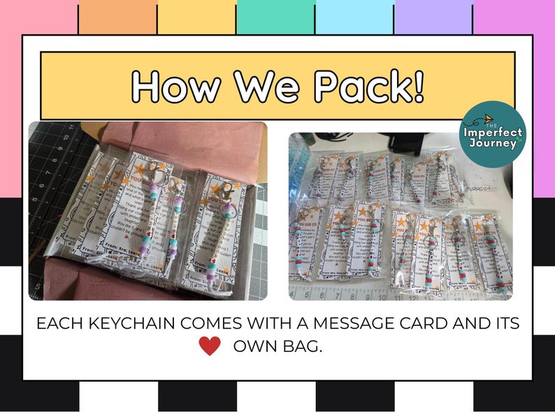 Puede incluir: La imagen muestra llaveros empaquetados en bolsas transparentes, cada uno con una tarjeta de mensaje. El texto "How We Pack!" se muestra en una pancarta amarilla. Tambi&eacute;n es visible el texto "EACH KEYCHAIN COMES WITH A MESSAGE CARD AND ITS OWN BAG".