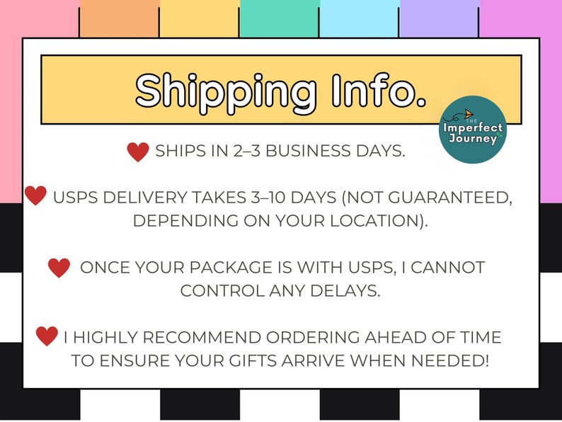 May include: A graphic with the text "Shipping Info." in a yellow rectangle. The text includes information about shipping times and recommendations for ordering ahead of time. A logo for "The Imperfect Journey" is also present.