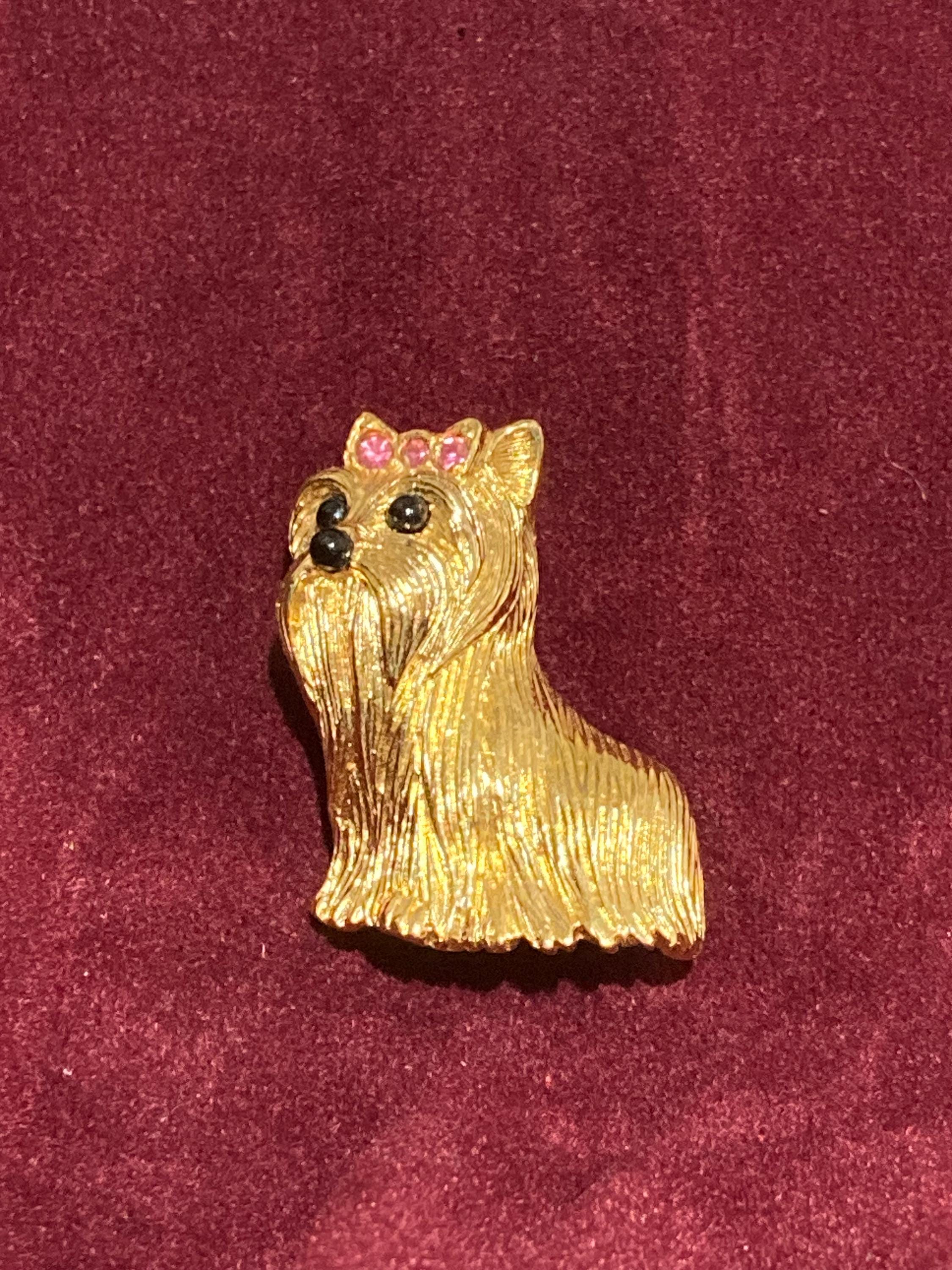 Vintage Joan Rivers signed Yorkie dog brooch with pink crystal bow black 