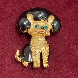 Vintage Dog Gold Tone Black Enamel Rhinestone Brooch Pin