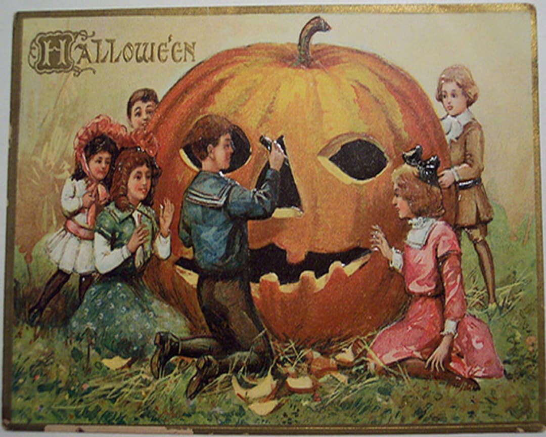Vintage Halloween Post Card Kids Carving a Giant Pumpkin Pdf Cross