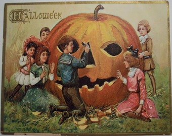Vintage Halloween post card Kids carving a giant pumpkin - pdf cross stitch pattern chart -INSTANT DOWNLOAD