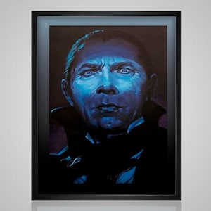 May include: A framed portrait of a man with a stern expression, illuminated by blue light. The artwork features a dark background and a black frame, creating a dramatic effect. The man's face is the focal point, with detailed features and a serious gaze.