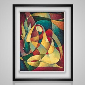 Puede incluir: Impresión de arte abstracto en un marco negro. La obra presenta una figura con un caballo, representada en un estilo cubista. La paleta de colores incluye tonos rojos, amarillos, verdes y azules, creando una composición dinámica.