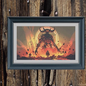 May include: A fiery, demonic creature with horns and glowing eyes stands in a fiery landscape. A smaller figure stands in the foreground, facing the demon.