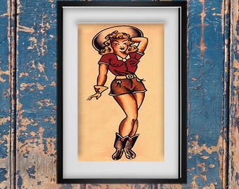 Cowgirl Tattoo Flash Art pdf kruissteek tutorial Amerikaanse traditionele pin-up girl tattoo kruissteek matroos x steek INSTANT DOWNLOAD