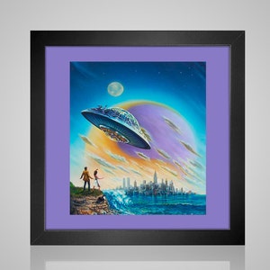 May include: A framed print of a painting depicting a futuristic city skyline with a flying saucer hovering over the water. Two figures stand on a rocky shore, looking up at the saucer. The sky is a vibrant blue with a purple and orange sunset.