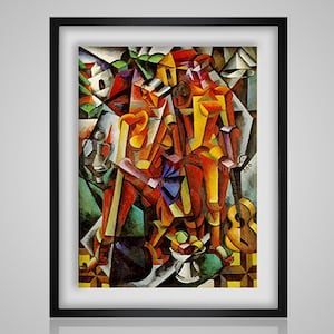 May include: Abstract cubist painting featuring three figures in a geometric composition. The figures are depicted in shades of red, yellow, green, and blue, with a guitar in the foreground.
