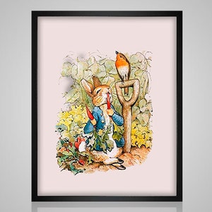 May include: A watercolor illustration of a rabbit wearing a blue jacket and holding a carrot, with a red robin perched on a garden tool.