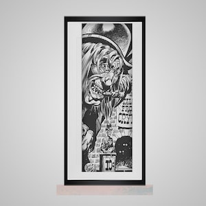 May include: Black and white illustration of a monstrous creature with a top hat and a cigar, standing in front of a brick wall with a sign that reads "Fall From The Crystal Caves".