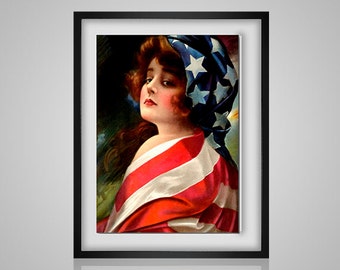 Flag Girl - pdf cross stitch pattern -vintage postcard patrotic fourth of july independece day red white and blue - INSTANT DOWNLOAD