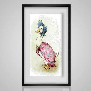 May include: A watercolor illustration of a white duck wearing a blue bonnet and a pink floral dress. The duck is standing on a light brown background.