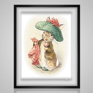 May include: A watercolor illustration of a brown rabbit wearing a green hat with a red flower, a red scarf, and holding a pink heart. The rabbit is standing on a white background.